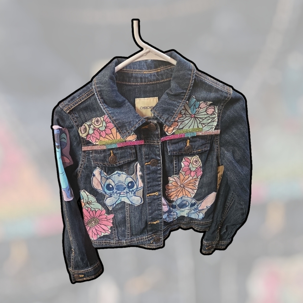 Upcycled  Denim Jacket with Colorful Stitch Design.1 Of A Kind